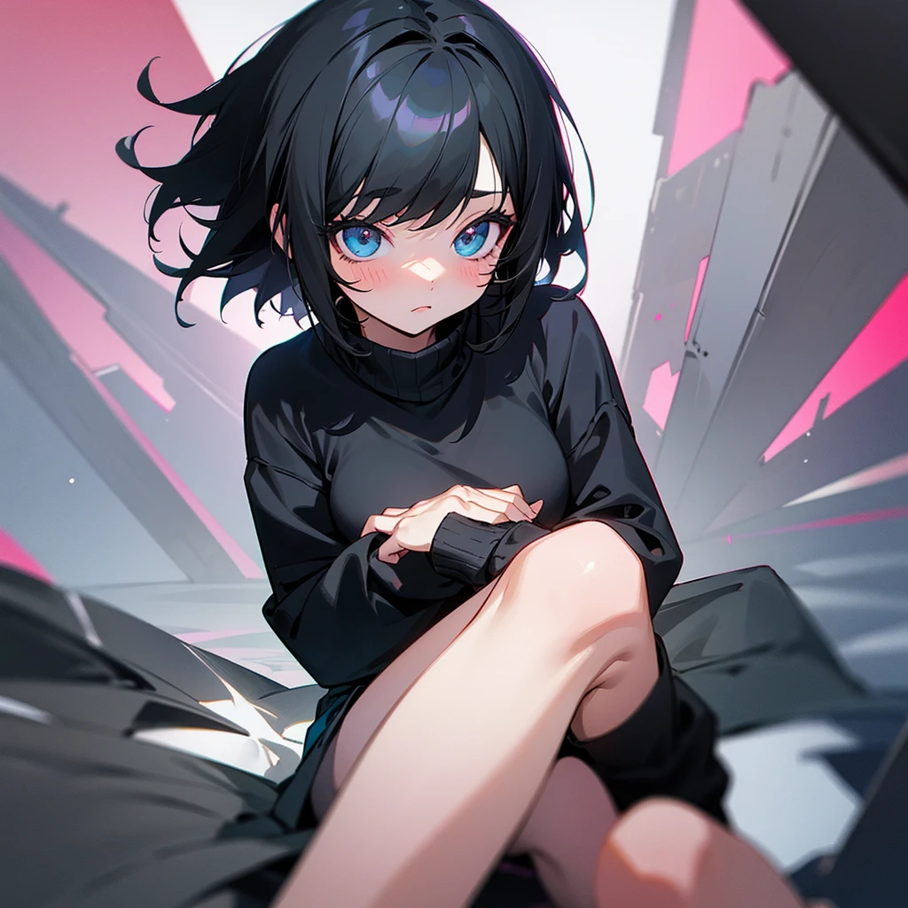 Create an emo girl with cute and adorable anime black sweater and short black hair