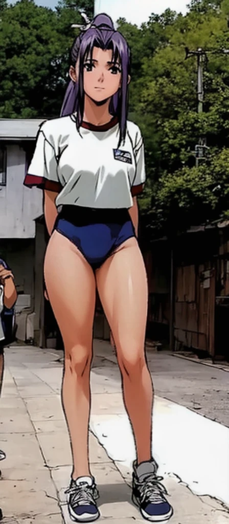 Momoko Koigakubo, a tall girl with beautiful legs, is wearing white gym clothes and light navy blue bloomers that look like panties, and is standing holding a boy in casual clothes.。