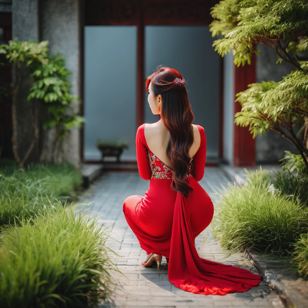 Rear view shot of a young asian woman squatting in a maxi dress, bodycon dress, red dress , beautiful hair