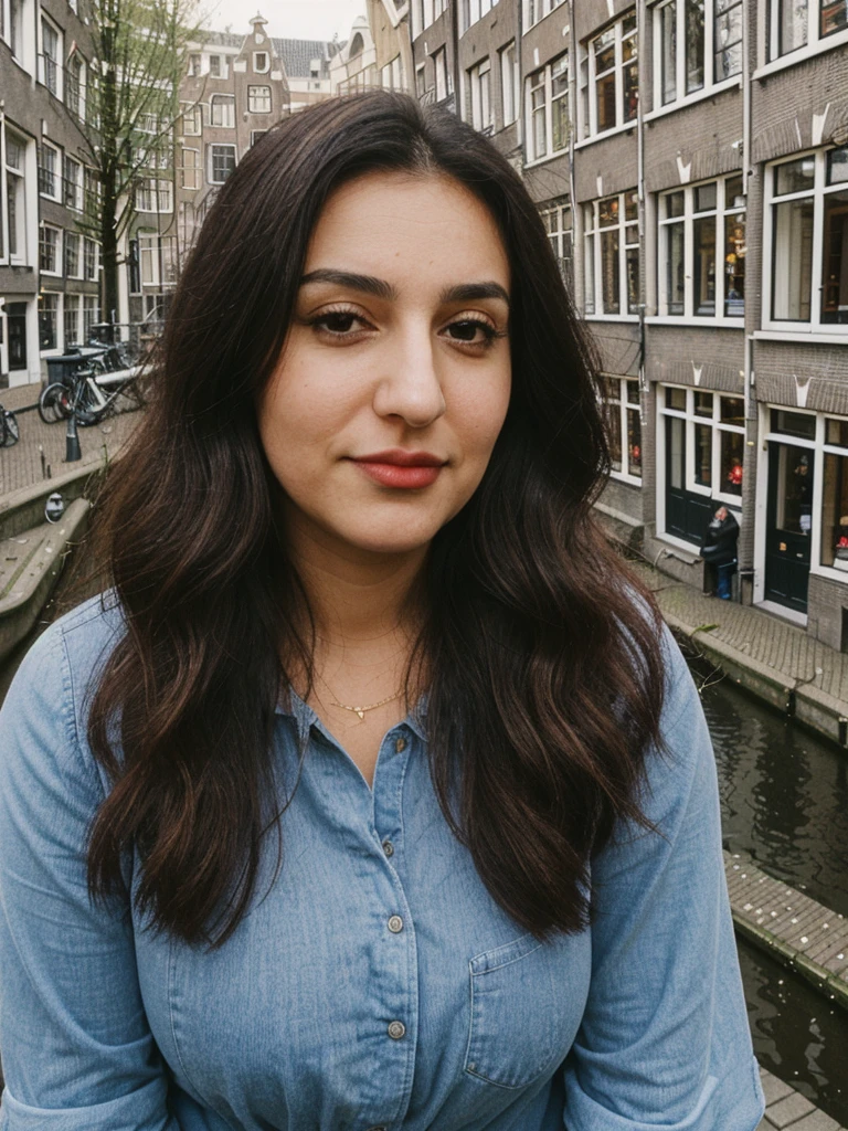 Caseyli, 1girl, solo, 30 years old, (((Georgian face))), (((Georgian nose))), (((Georgian lips))), ((((chubby)))), (((wide hips))), (((dark blonde hair))), wavy medium hair, wearing stylish Generation Z modern wear, ((Background: Courtyard in Amsterdam))