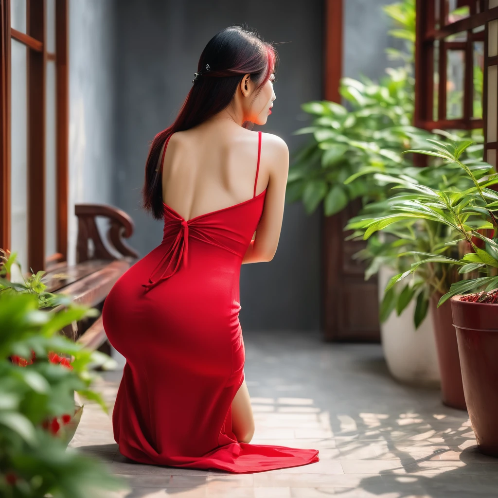 Realistic, normal position, rear view shot of a young asian woman squatting in a maxi dress, bodycon dress, red tight dress, beautiful hair