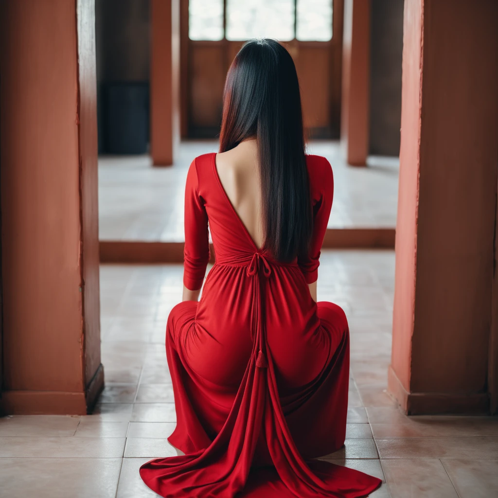 Realistic, normal position, rear view shot of a young asian woman squatting in a maxi dress, bodycon dress, red tight dress, beautiful hair