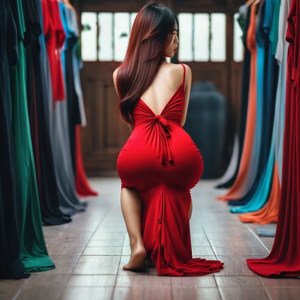 Realistic, normal position, rear view shot of a young asian woman squatting in a maxi dress, bodycon dress, red tight dress, beautiful hair