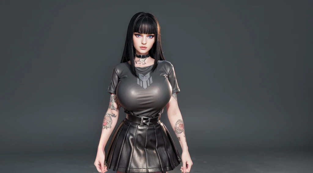 charlottefortnite, long hair, black_hair, bangs, blunt_bangs, red eyes, choker, red eyes, latex skirt, black_skirt, black latex shirt, belt, kneehighs, tattoo (masterpiece, HDR photo) BREAK droptop BREAK ((photorealistic), realistic face), big breasts, beautifully detailed woman, realistic face, detailed mouth, extremely detailed eyes_and_face, beautiful attractive face, beautiful detailed eyes, (photorealistic), pronounced feminine feature, matte eyeshadow, eyelashes, eyeliner, smooth skin, standing 