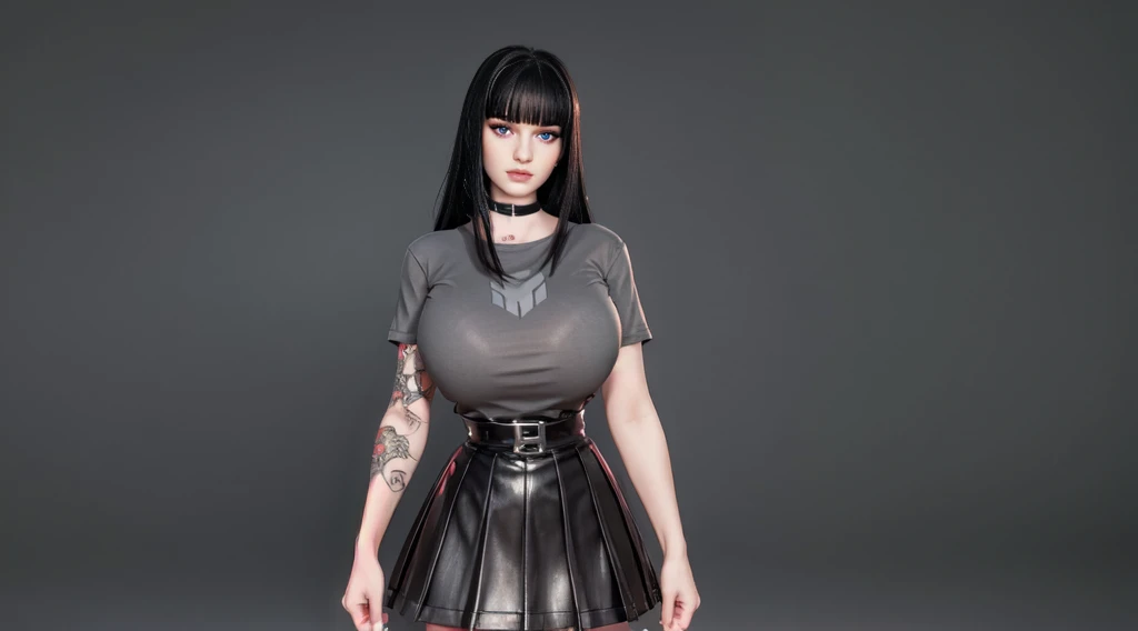 charlottefortnite, long hair, black_hair, bangs, blunt_bangs, red eyes, choker, red eyes, latex skirt, black_skirt, black latex shirt, belt, kneehighs, tattoo (masterpiece, HDR photo) BREAK droptop BREAK ((photorealistic), realistic face), big breasts, beautifully detailed woman, realistic face, detailed mouth, extremely detailed eyes_and_face, beautiful attractive face, beautiful detailed eyes, (photorealistic), pronounced feminine feature, matte eyeshadow, eyelashes, eyeliner, smooth skin, standing 