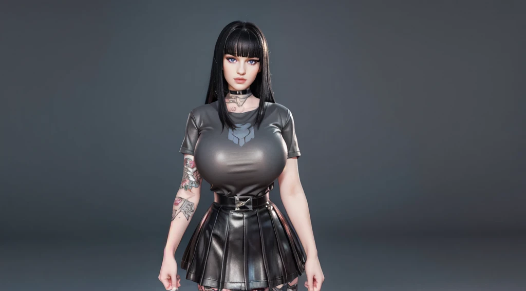 charlottefortnite, long hair, black_hair, bangs, blunt_bangs, red eyes, choker, red eyes, latex skirt, black_skirt, black latex shirt, belt, kneehighs, tattoo (masterpiece, HDR photo) BREAK droptop BREAK ((photorealistic), realistic face), big breasts, beautifully detailed woman, realistic face, detailed mouth, extremely detailed eyes_and_face, beautiful attractive face, beautiful detailed eyes, (photorealistic), pronounced feminine feature, matte eyeshadow, eyelashes, eyeliner, smooth skin, standing 