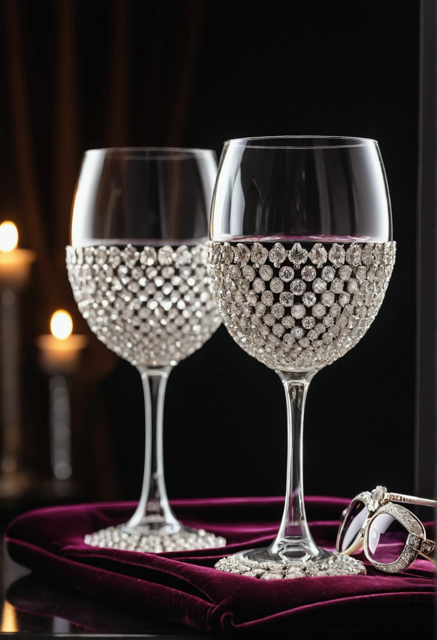 A stunning cinematic photograph of a pair of luxurious glasses adorned with sparkling diamonds. The glasses rest on a velvet cushion, with a soft spotlight illuminating them. The background is a blurred, dark, and moody scene that complements the elegant and sophisticated feel of the glasses. The overall atmosphere is glamorous and mysterious., cinematic, photo