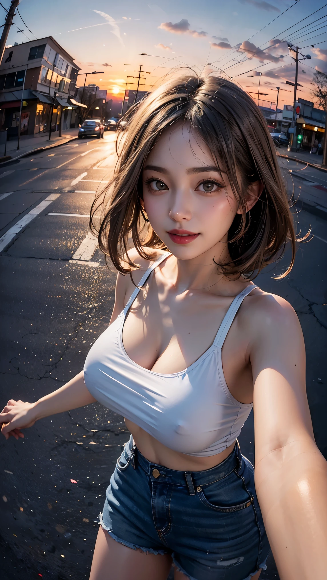 xxmixgirl,One Girl, Fisheye Lens, Selfie, Wind, Messy Hair, sunset, Cityscape, (Aesthetics and atmosphere:1.2), Gray Hair,smile, Film Girl, Short top shirt, Open your chest wide, 