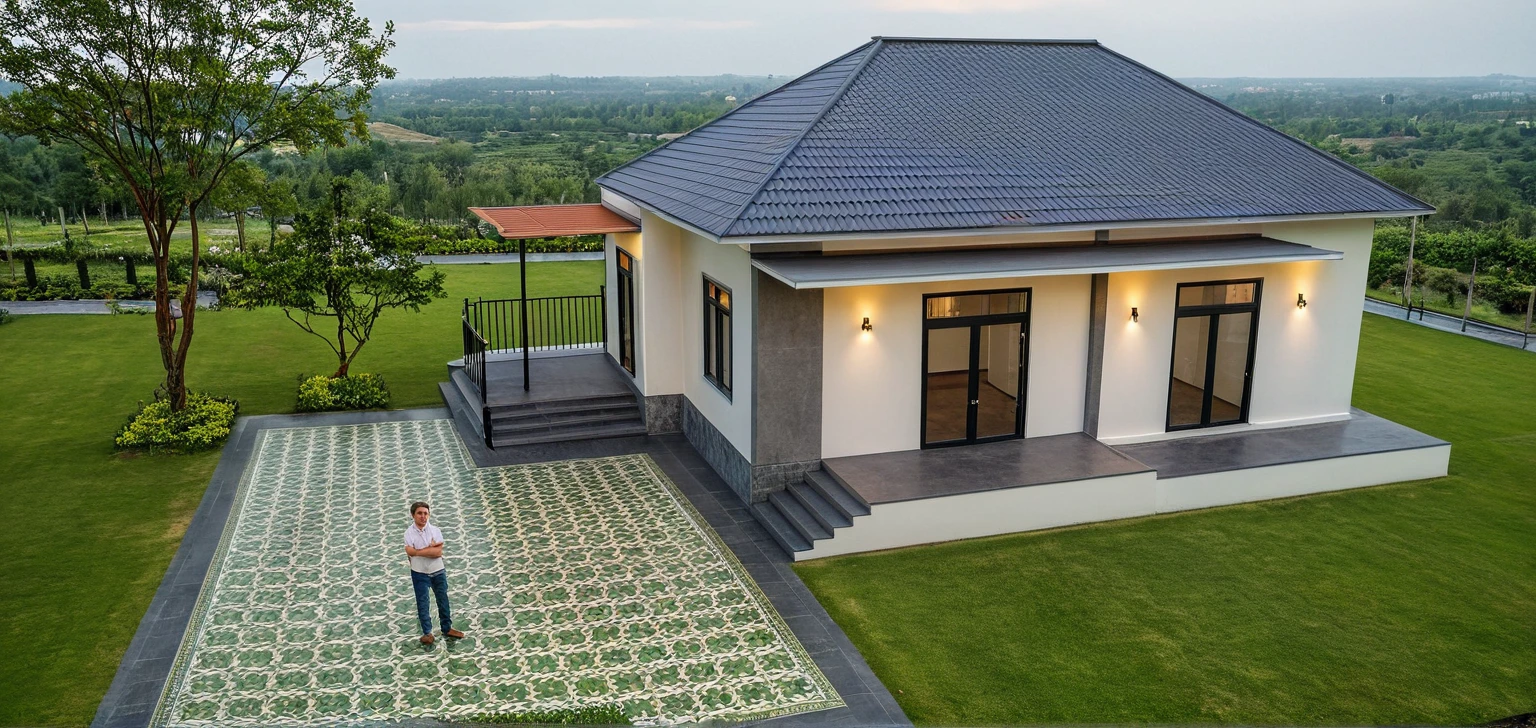 Masterpiece, high-end, best quality, authentic, super detailed, outdoor, aiaigroup, neoclassical villa style, stairs, white walls combined with conwood, wind encaustic tiles, green tiles, iron gates, conwood ceilings , flowers, path, summer evening, grass, trees, sky, clouds, (daylight: 1.1)