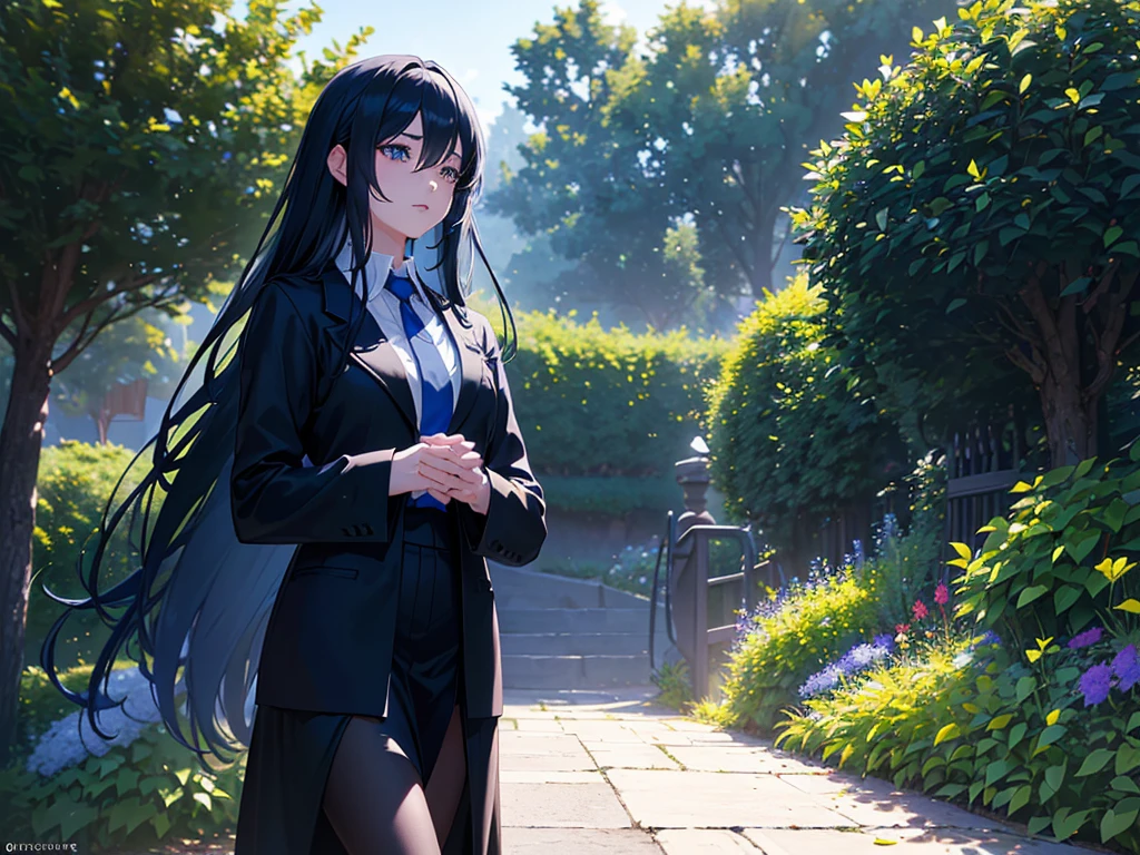 anime, Style, a blue long haired girl wearing a black jacket and a black skirt walking on a garden ,(best quality, 4k, 8k, high resolution, obra-prima: 1.2), ultra-detailed, (realista, fotorealista, foto-realista: 1.37) colorido com vibrantes cores, soft lighting
