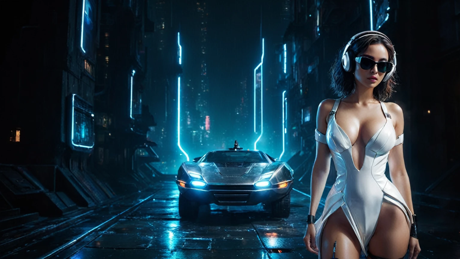 (aerial view, a flying cars docking platform, a very dark abandoned futuristic city, neon lights), rainy night. 1girl, solo, alone, large-breast:1.2 slim body, cleavage:1.1, sexy wind blowing wet dress:1.4, (headphone, black sunglasses), (((she raised:1.8 a pistol:1.8 and took aim))), dynamic pose, (((half-body thigh level medium shot))), cinematic lighting, lens flare, ray tracing.