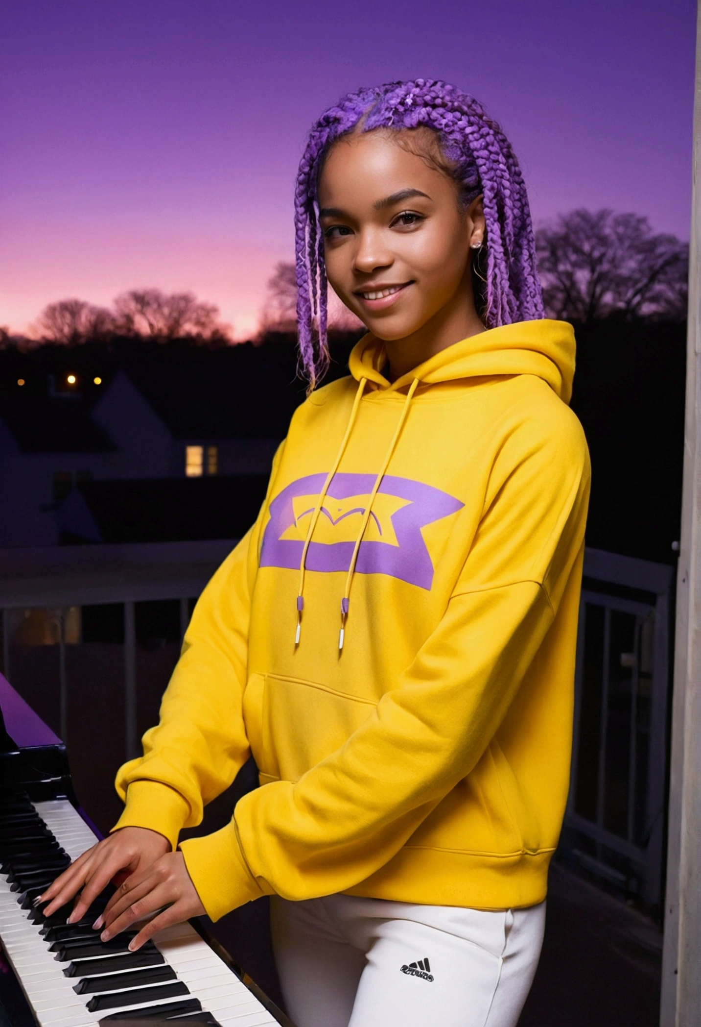 (masterpiece, best quality), deep ebony 1girl, beautiful face, short Afro braids , cute, , beautify, Lofi vibe,, cute night vibe, concentrated, hands outside of the picture, music studio, piano on the background, , purple and yellow hoddie, white trousers , not sexy, cute look, clothing is dry and baggy, small breasts, teen vibe, jogging, cute smile