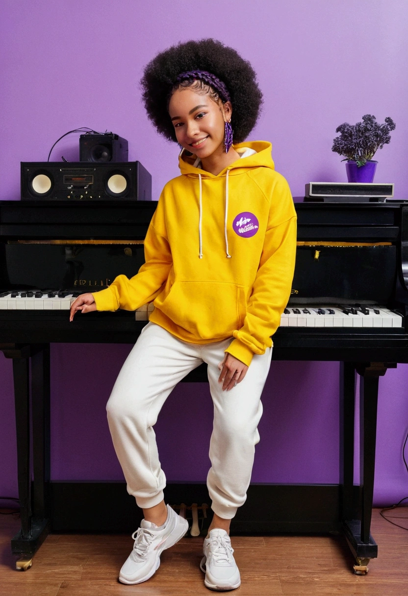(masterpiece, best quality), deep ebony 1girl, beautiful face, short Afro braids , cute, , beautify, Lofi vibe,, cute night vibe, concentrated, hands outside of the picture, music studio, piano on the background, , purple and yellow hoddie, white trousers , not sexy, cute look, clothing is dry and baggy, small breasts, vibe, jogging, cute smile