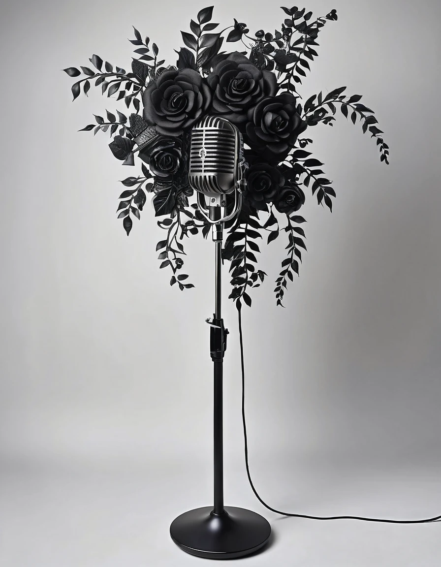 Boom microphone stand, decorated with decorative vines with black flowers, that looks rocker and gothic with an indigenous touch