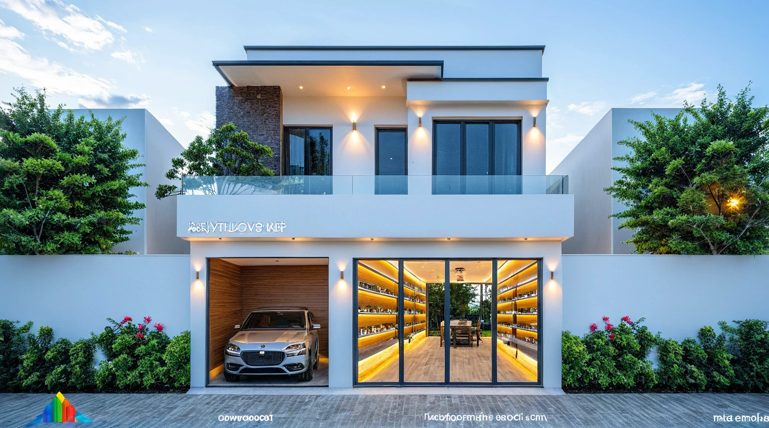 Masterpiece, high quality, best quality, authentic, super detailed, outdoor, aiaigroup, modern 2-storey townhouse style, stairs, white walls combined with conwood, wind encaustic tiles, iron gate, ceiling conwood, flowers, path, summer evening, grass, trees, sky, clouds, (daylight: 1.1)