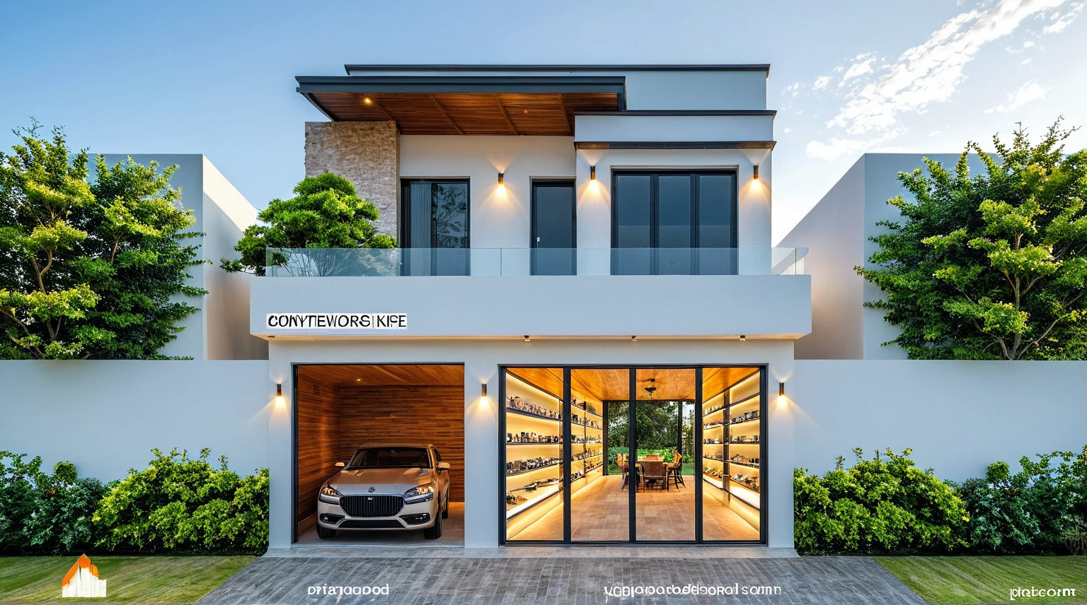 Masterpiece, high quality, best quality, authentic, super detailed, outdoor, aiaigroup, modern 2-storey townhouse style, stairs, white walls combined with conwood, wind encaustic tiles, iron gate, ceiling conwood, flowers, path, summer evening, grass, trees, sky, clouds, (daylight: 1.1)