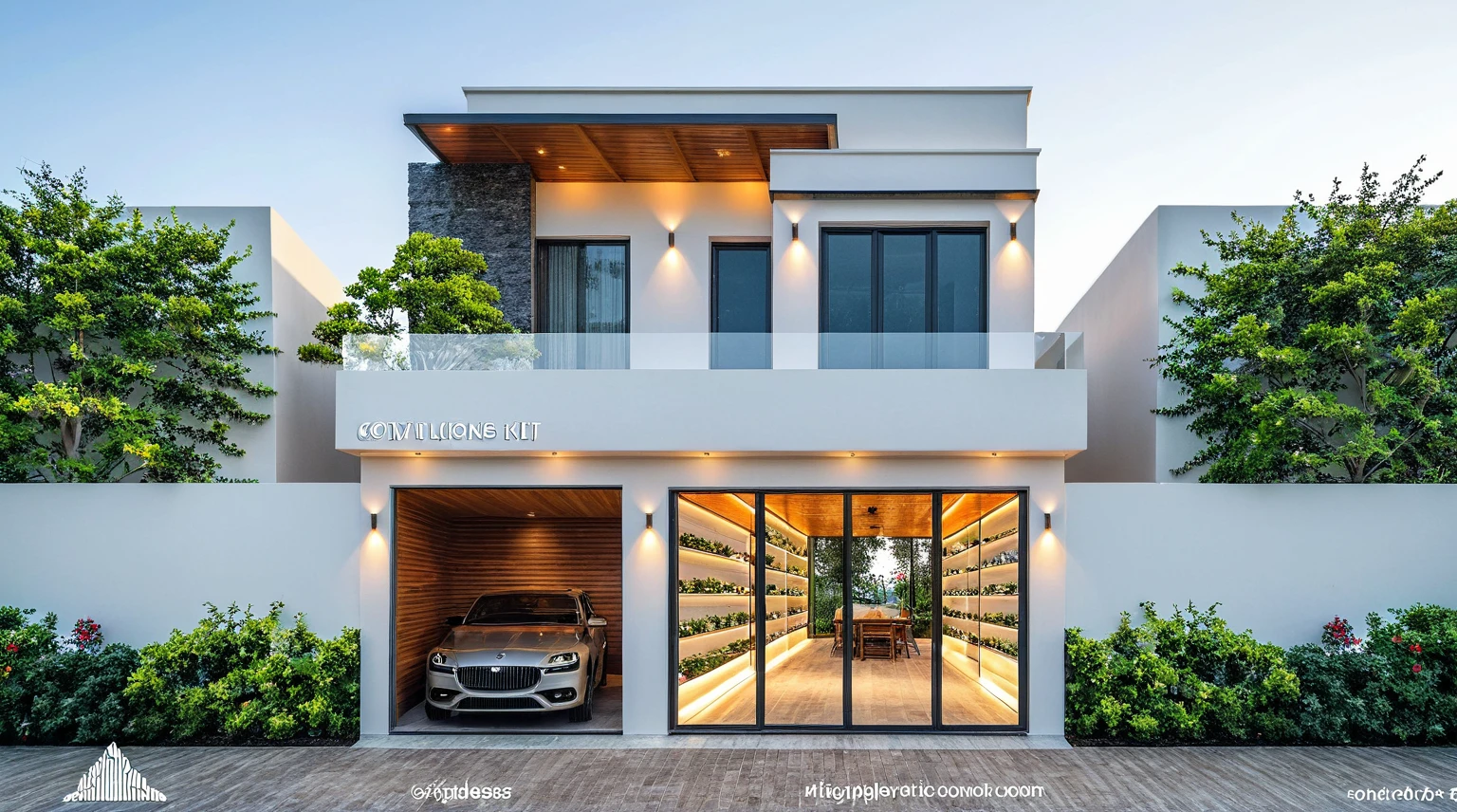 Masterpiece, high quality, best quality, authentic, super detailed, outdoor, aiaigroup, modern 2-storey townhouse style, stairs, white walls combined with conwood, wind encaustic tiles, iron gate, ceiling conwood, flowers, path, summer evening, grass, trees, sky, clouds, (daylight: 1.1)