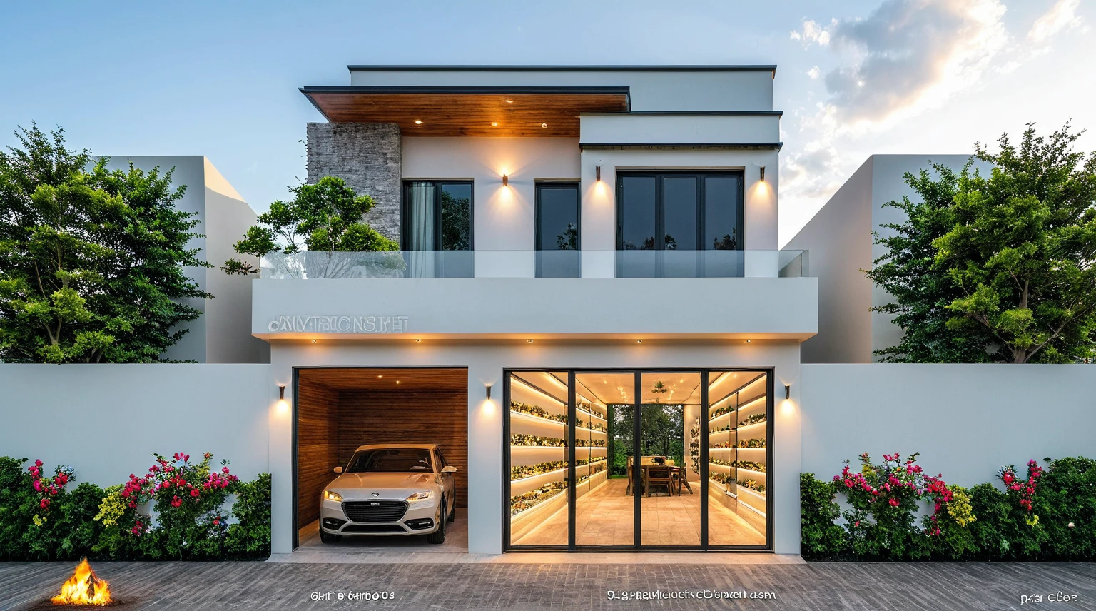 Masterpiece, high quality, best quality, authentic, super detailed, outdoor, aiaigroup, modern 2-storey townhouse style, stairs, white walls combined with conwood, wind encaustic tiles, iron gate, ceiling conwood, flowers, path, summer evening, grass, trees, sky, clouds, (daylight: 1.1)