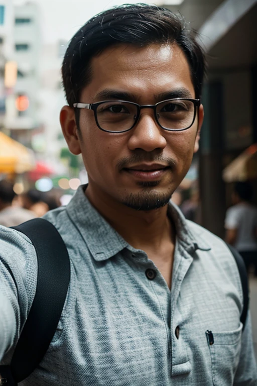 up close selfie, a malay man mid 30s, fair skin, wearing glass, wearing casual attire, at the street, bokeh, mobile photo style, daylight