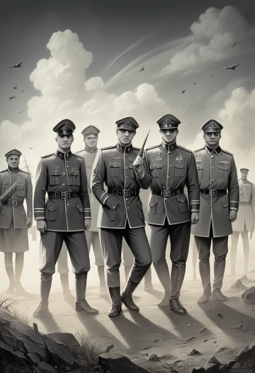 a group portrait of three allegorical figures representing France, Germany, and the United Kingdom, dressed in period military uniforms, standing in front of a battlefield backdrop, black and white, intricate details, sleeve, 1914, (best quality,4k,8k,highres,masterpiece:1.2),ultra-detailed,(realistic,photorealistic,photo-realistic:1.37),cinematic lighting,dramatic shadows,powerful expression,militaristic,historical
