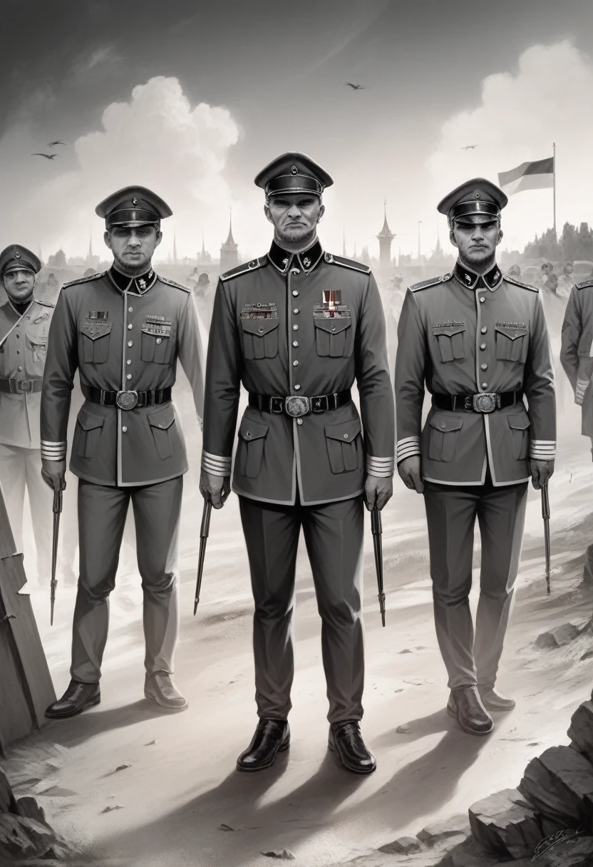 a group portrait of three allegorical figures representing France, Germany, and the United Kingdom, dressed in period military uniforms, standing in front of a battlefield backdrop, black and white, intricate details, sleeve, 1914, (best quality,4k,8k,highres,masterpiece:1.2),ultra-detailed,(realistic,photorealistic,photo-realistic:1.37),cinematic lighting,dramatic shadows,powerful expression,militaristic,historical