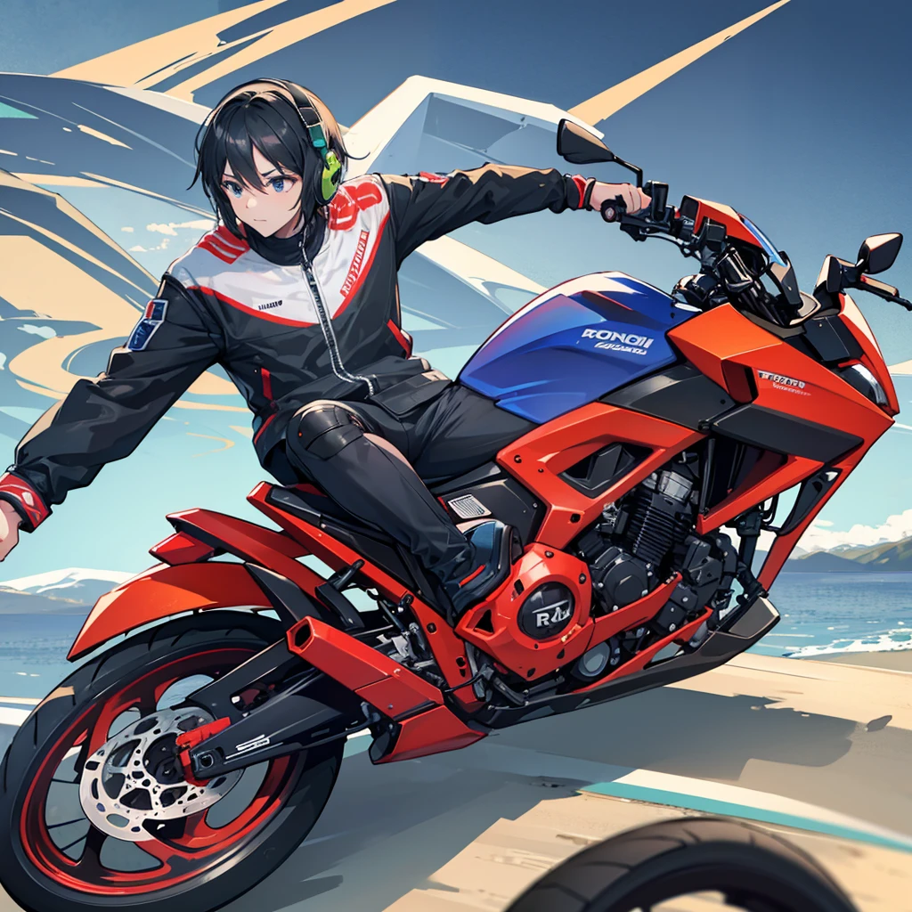 Side progile of a young man riding motor cycle full speed