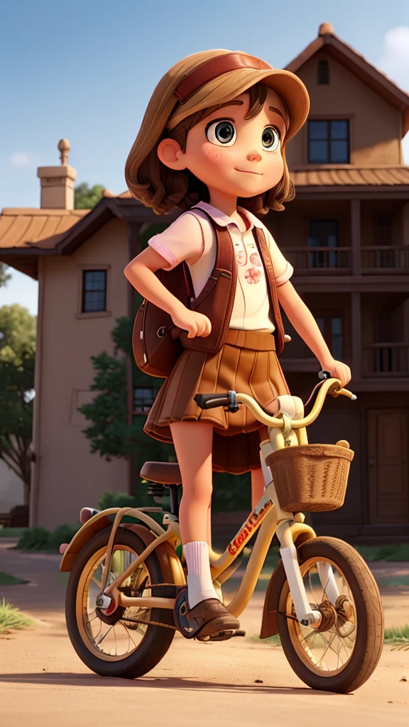 A 9-year-old girl, with brown hair, is driving a bicycle, and on the back of the bike, there is another girl, 8 years old, blonde, standing. They are riding bicycles on dirt streets in a coastal city.