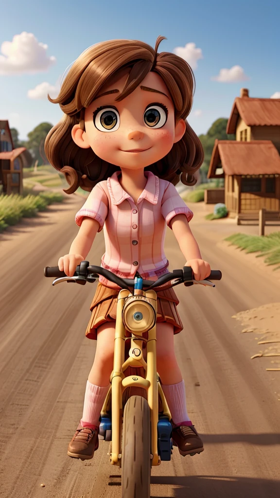 A 9--old l, with brown hair, is driving a bicycle, and on the back of the bike, there is another girl, 8 years oe, standing. They are riding bicycles on dirt streets in a coastal city.