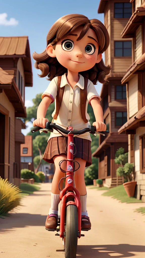 A 9-year-old girl, with brown hair, is driving a bicycle, and on the back of the bike, there is another girl, 8 years old, blonde, standing. They are riding bicycles on dirt streets in a coastal city.