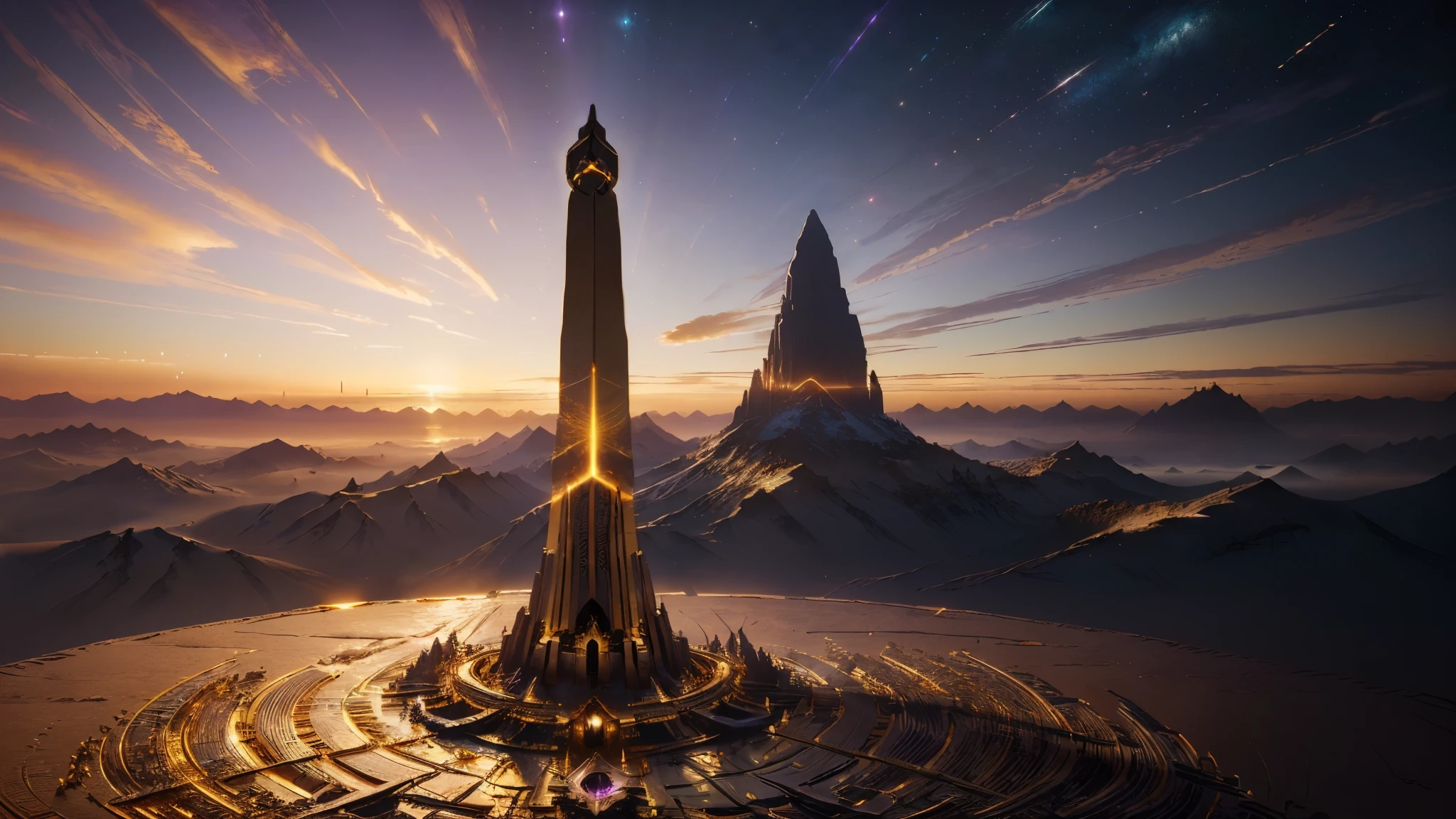 masterpiece, best quality, (extremely detailed CG unity 8k wallpaper), (best quality), (best illustration), (best shadow), absurdres, realistic lighting, (Abyss), beautiful detailed glow, art by PeterMohrBacher, gold and purple, obelisk at sunset, (gold), (golden obelisk)