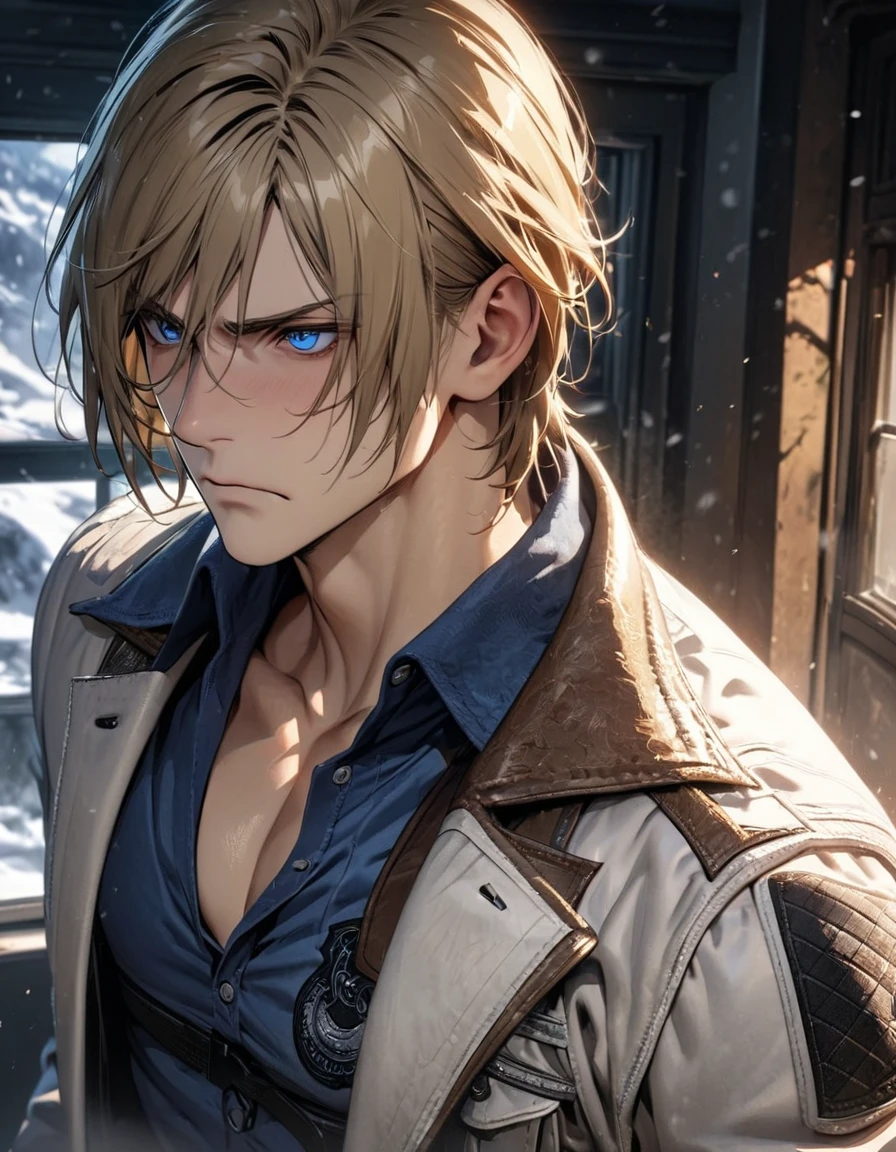 absurdities, High resolution, ultra detailed, HdR, masterpiece, Extremely detailed face and eyes, Leon Kennedy, tousled medium blonde hair, frown, expressive blue eyes, resident evil 6, 1 man, elegant, white jacket, Fitted blue shirt, toned chest, window, snowy background