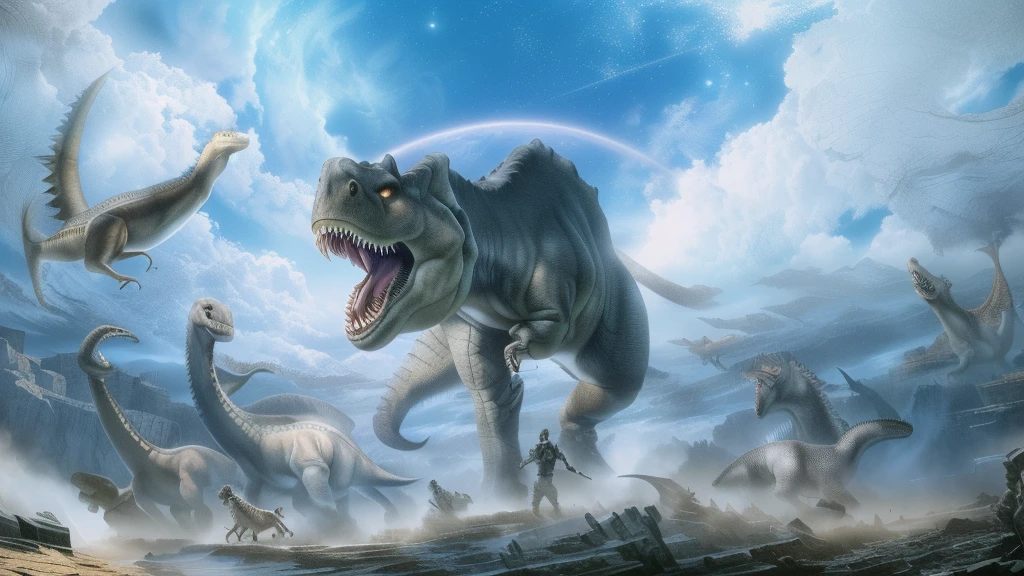 masterpiece, best quality, (extremely detailed CG unity 8k wallpaper), (best quality), (best illustration), (best shadow), absurdres, realistic lighting, (Abyss), beautiful detailed glow, art by PeterMohrBacher,Dinosaur,Ultra high quality,4K