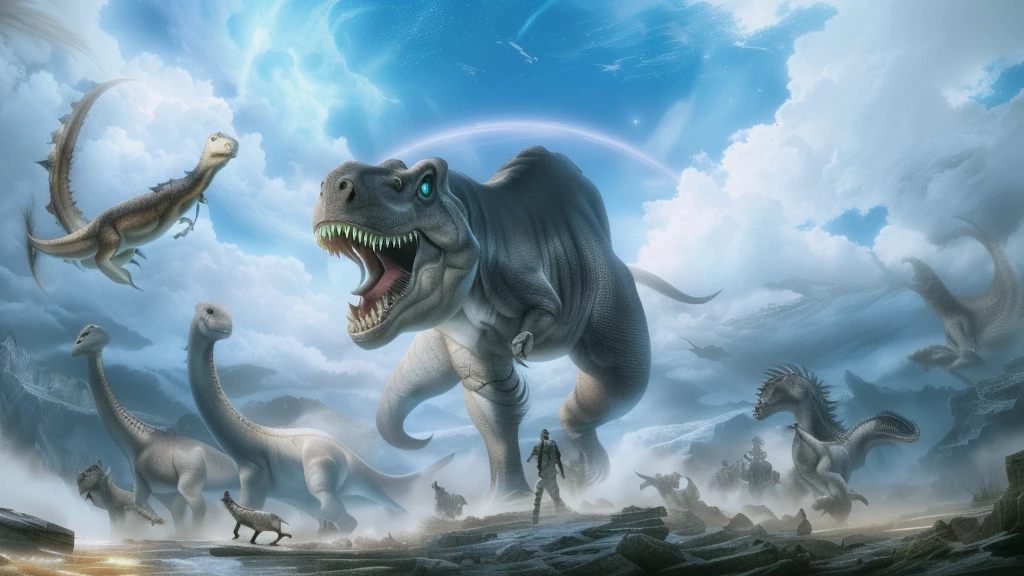 masterpiece, best quality, (extremely detailed CG unity 8k wallpaper), (best quality), (best illustration), (best shadow), absurdres, realistic lighting, (Abyss), beautiful detailed glow, art by PeterMohrBacher,Dinosaur,Ultra high quality,4K