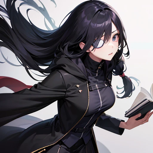 Cartoon of a woman wearing a black coat and black trousers, Employable personality, Inspired by Le Chevalier, anime, Moe, Art Style, Cytus and Deemo Style, anime風キャラクター,One Girl,((One eye is normal,Eye patch on one eye,Scars on face,Holding a book,Long black hair,Cool face))