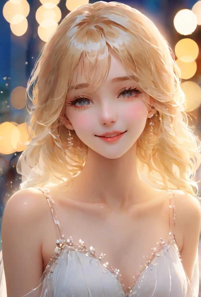 best quality, masterpiece, high resolution, 1 girl, White chiffon flared short dress, Smile, Keep your mouth shut,lips, long blonde hair, Delicate and beautiful eyes,Delicate eyelashes, pretty face,above_Body, Tyndall effect,lifelike, edge lighting, two color lights,(High detail skin:1.2), 8K Ultra HD, SLR camera, soft light, high quality, Volumetric lighting, confess, photo, high resolution, 4k, 8k, Bokeh, in the middle of the city, afternoon