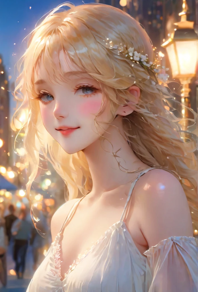 best quality, masterpiece, high resolution, 1 girl, White chiffon flared short dress, Smile, Keep your mouth shut,lips, long blonde hair, Delicate and beautiful eyes,Delicate eyelashes, pretty face,above_Body, Tyndall effect,lifelike, edge lighting, two color lights,(High detail skin:1.2), 8K Ultra HD, SLR camera, soft light, high quality, Volumetric lighting, confess, photo, high resolution, 4k, 8k, Bokeh, in the middle of the city, afternoon