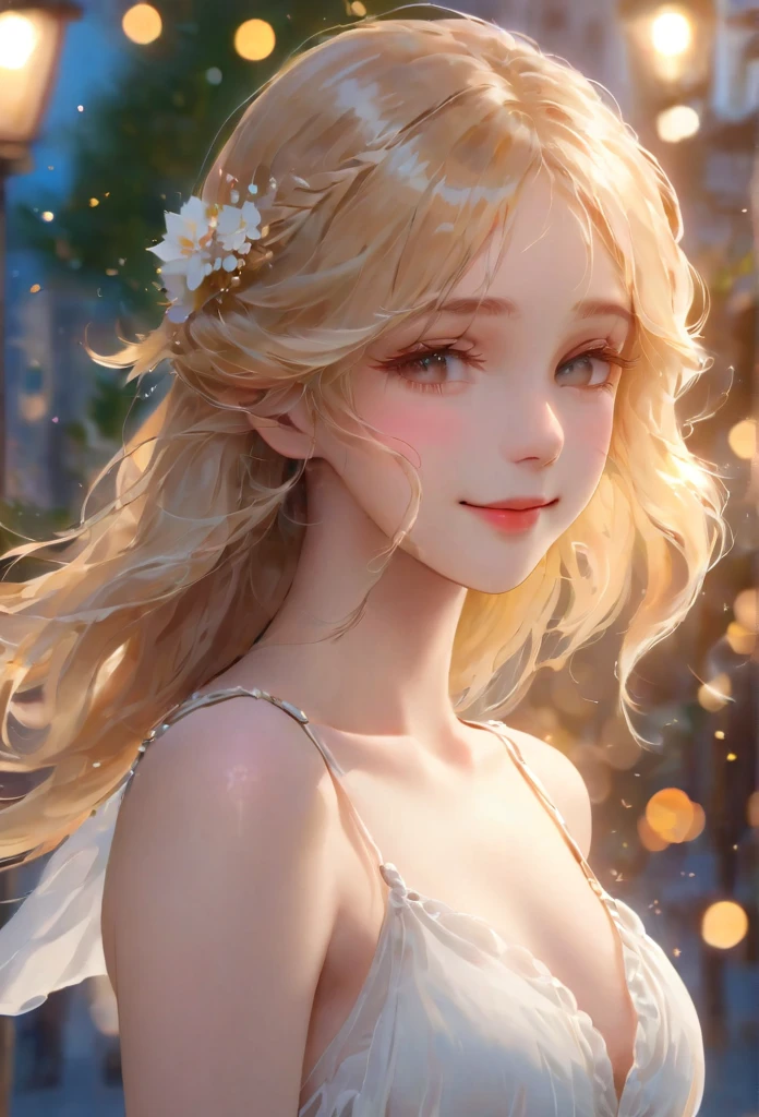 best quality, masterpiece, high resolution, 1 girl, White chiffon flared short dress, Smile, Keep your mouth shut,lips, long blonde hair, Delicate and beautiful eyes,Delicate eyelashes, pretty face,above_Body, Tyndall effect,lifelike, edge lighting, two color lights,(High detail skin:1.2), 8K Ultra HD, SLR camera, soft light, high quality, Volumetric lighting, confess, photo, high resolution, 4k, 8k, Bokeh, in the middle of the city, afternoon