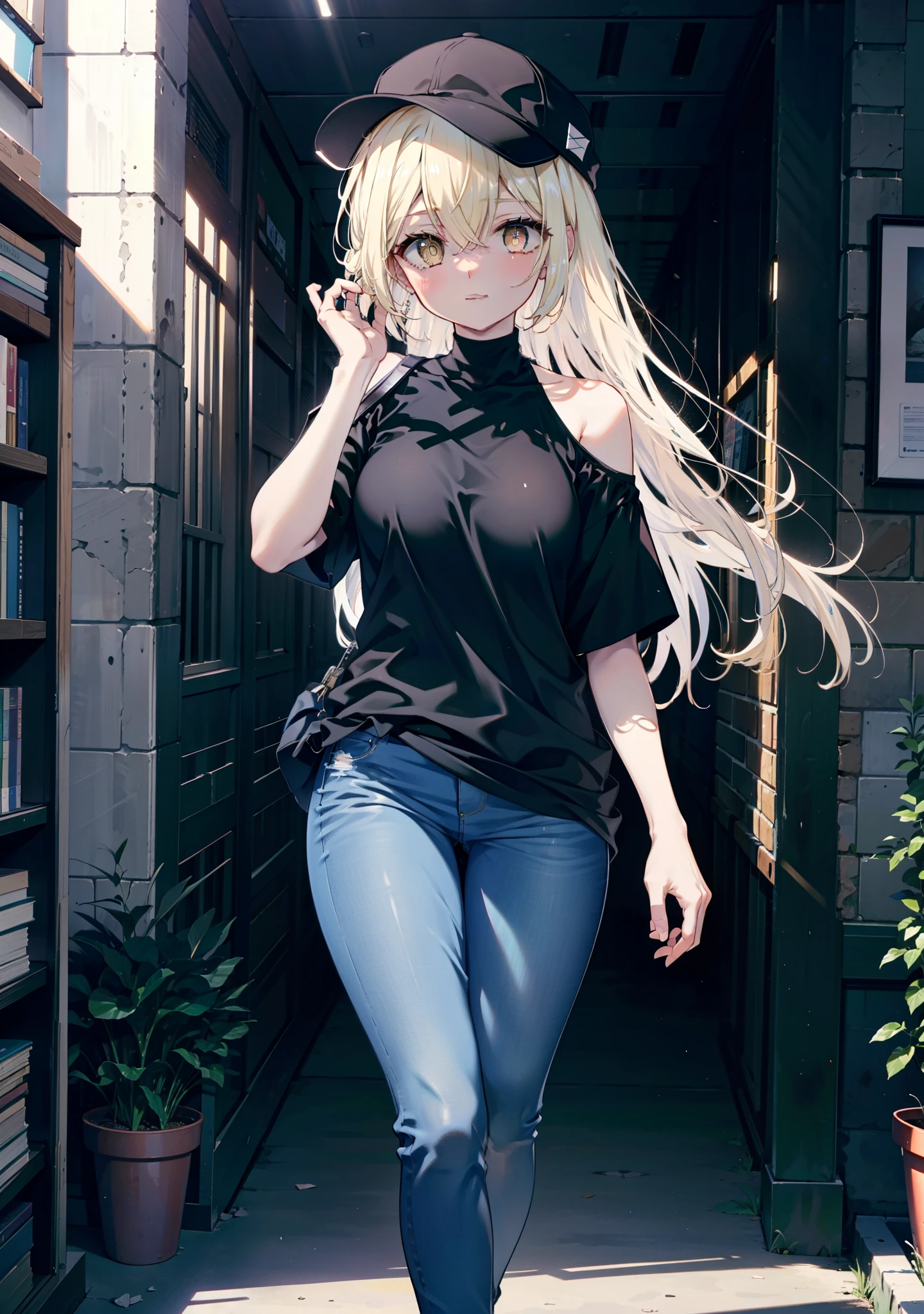 アイスWallenstein, Wallenstein, blonde, Hair between the eyes, Baseball hats, Long Hair, (Yellow Eyes:1.5),happy smile, smile, Shut your mouth.,smile,blush,Oversized blue one-shoulder shirt,Short sleeve,Skinny jeans,Stiletto heels,whole bodyがイラストに入るように,Walking,Daytime,Clear skies,　　　　　　　　　　　　　break looking at viewer,whole body, (Cowboy Shot:1. 5)　　　　　　　　　　break outdoors,Building district, 　　　　　　　　　　　break (masterpiece:1.2), Highest quality, High resolution, unity 8k wallpaper, (shape:0.8), (Beautiful and beautiful eyes:1.6), Highly detailed face, Perfect lighting, Extremely detailed CG, (Perfect hands, Perfect Anatomy),