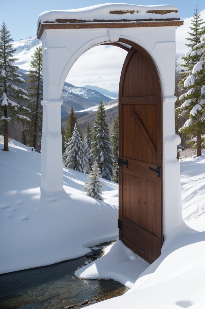 Snowy archway in a mountain valley, 