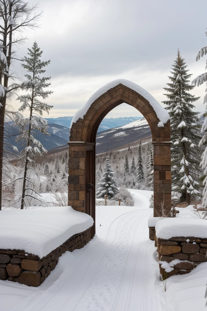 Snowy archway in a mountain valley,