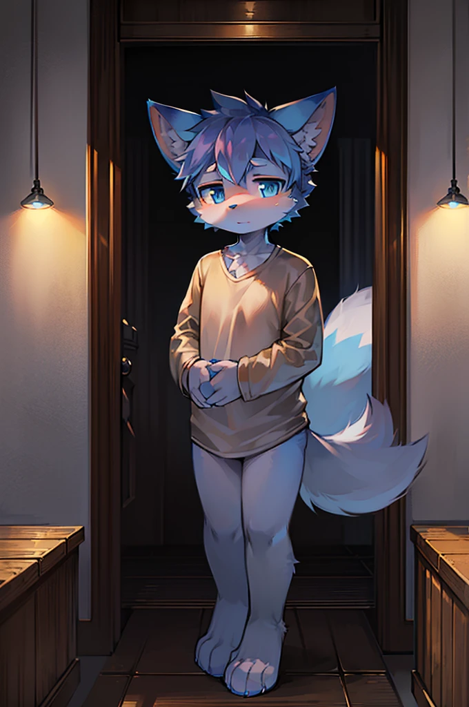 Normal scenario (Fluffy lilac fox boy), Standing,Facing the camera, ((Melancholy, Detailed face, Clear big eyes,blue eyes,Meticulous attention to detail)), Natural and soft lighting, 8K, SF Express, Autumn Light , peaceful , (Fluffy Paws), Front view,Wearing a shirt