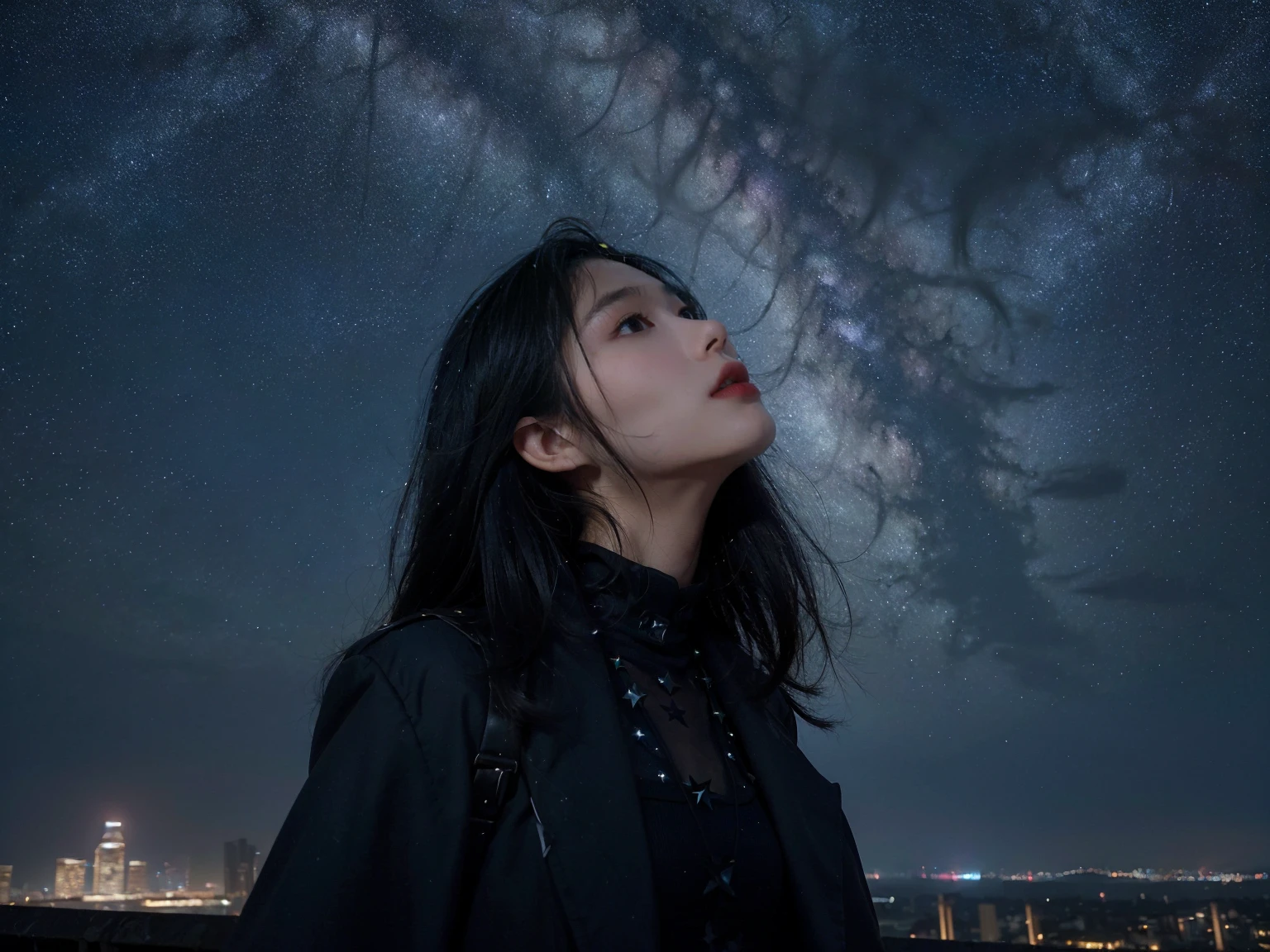 minimum, harmony, aesthetic, fantastic scene, Dystopia, (night, Starry Sky:1.4), Broken Building, The starry sky creates a mystical atmosphere, Girl looking up at the sky, 24-years-old, slender, Medium Hair, bangs, (Gothic_Punk:1.2), masterpiece, best quality, RAW Photos, photorealistic, depth of field, candytt