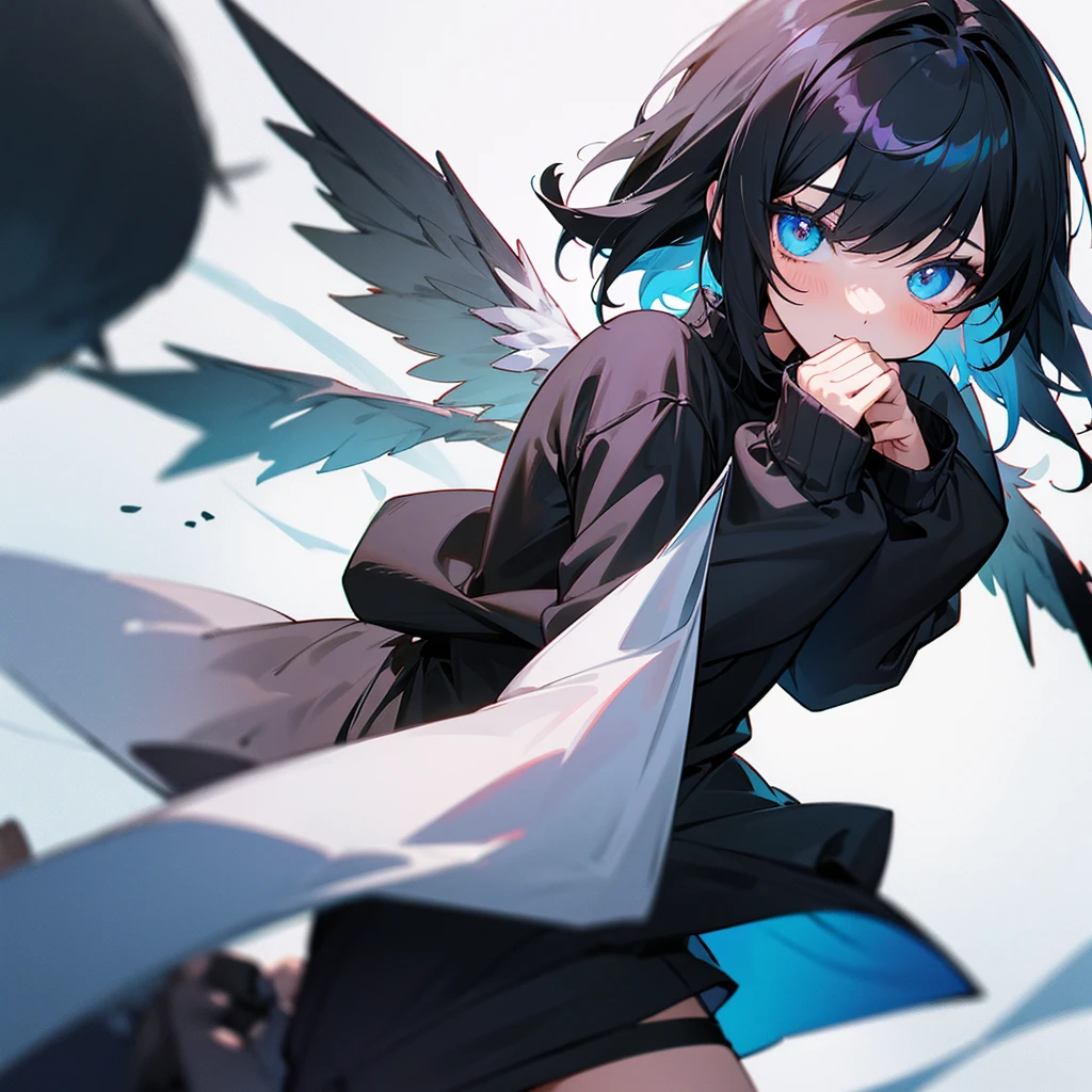 Create an emo girl with a cute and adorable anime black sweater and short, winged black hair with her boyfriend with the same characteristics but a male version 