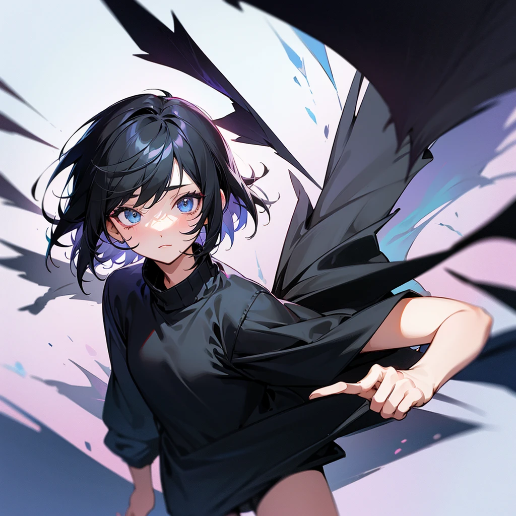 Create an emo girl with a cute and adorable anime black sweater and short, winged black hair with her boyfriend with the same characteristics but a male version