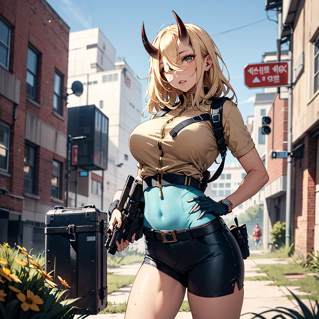 ((best quality)), ((masterpiece)), (detailed), 1girl, 8k_wallpaper, extremely detailed eyes, extremely detailed body, beautiful face, perfect face, detailed ((blonde hair)), (gold eyes), (( big blue horns)), {{dark skin}}, ({dark skinned female}), gigantic breasts, thick thighs, strong arm and leg muscles, strong abdominal muscles, Korean girl, dressed in a blue polto with rolled up sleeves, in heavy steel armor of silver color, on a wide red leather belt with gold yarn, hanging a military radio, leather tight shorts, leather gloves with radars and watches, a holster with a pistol hanging on her hip, a large hiking backpack, standing next to a red sci-fi SUV against the backdrop of flowers growing in the grass and a destroyed city,
