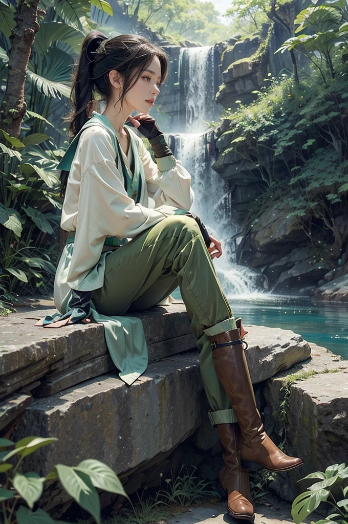 (((best quality))),(((ultra detailed))),(((masterpiece))),illustration, adventure,((a girl,solo)),((slim,thin)),((small breasts,flat chest)),sun-kissed skin,(short ponytail:1.2),(neckerchief:1.2),((vibrant green collared sleeved shirt,green pants)),(gloves:1.2),((slender legs,boots)),jungle, lush foliage, gentle breeze, ethereal, excitement, exploration, exotic flora and fauna, vibrant flowers, deep greens, delicate vines, ancient trees, enchanting canopy, sweet scent, nature, majestic waterfall, cascading water, crystal-clear pool, serene oasis, cool off, shimmering skin, laughter, deep connection, natural world, tranquility, wilderness, spirit soaring, birdsong, pure joy, enchantment,jungle, harmonizing, serenity, wonder, nature adventure