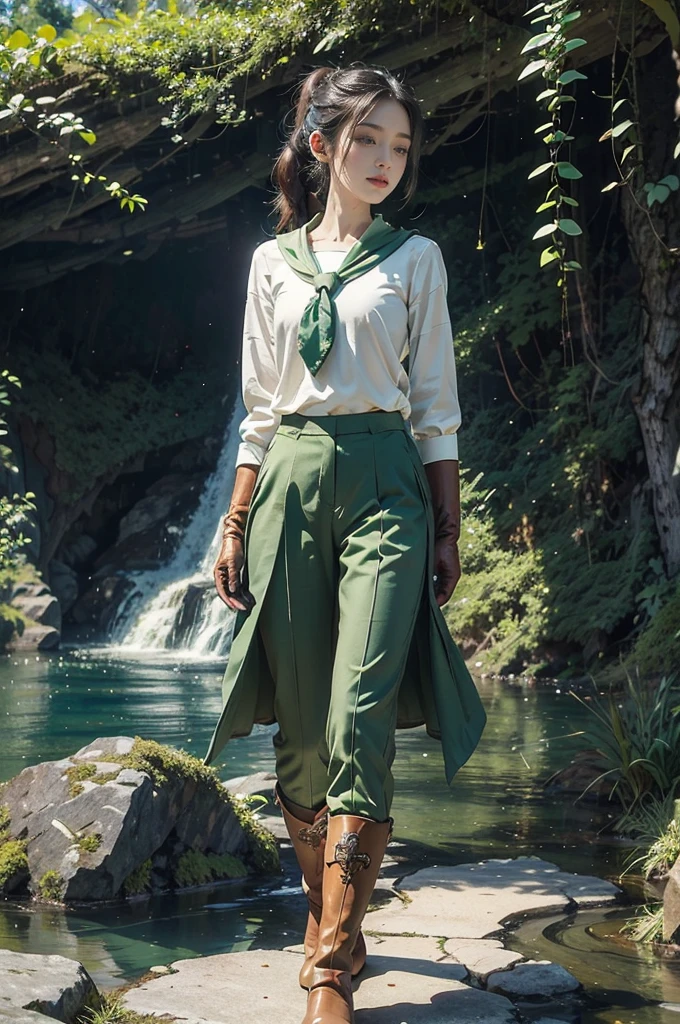 (((best quality))),(((ultra detailed))),(((masterpiece))),illustration, adventure,((a girl,solo)),((slim,thin)),((small breasts,flat chest)),sun-kissed skin,(short ponytail:1.2),(neckerchief:1.2),((vibrant green collared sleeved shirt,green pants)),(gloves:1.2),((slender legs,boots)),jungle, lush foliage, gentle breeze, ethereal, excitement, exploration, exotic flora and fauna, vibrant flowers, deep greens, delicate vines, ancient trees, enchanting canopy, sweet scent, nature, majestic waterfall, cascading water, crystal-clear pool, serene oasis, cool off, shimmering skin, laughter, deep connection, natural world, tranquility, wilderness, spirit soaring, birdsong, pure joy, enchantment,jungle, harmonizing, serenity, wonder, nature adventure