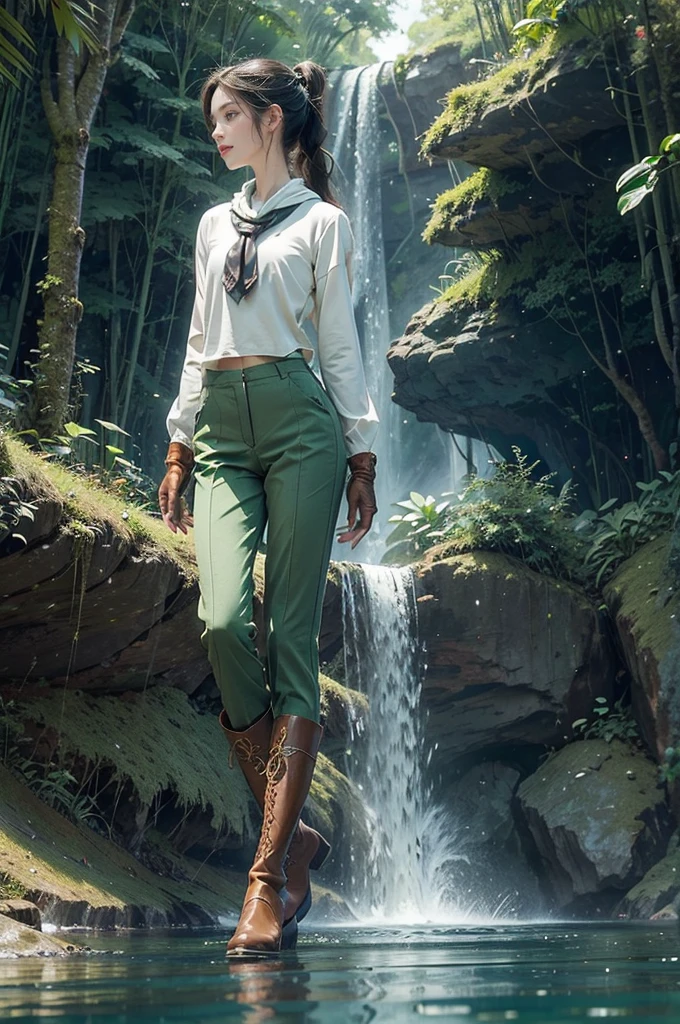 (((best quality))),(((ultra detailed))),(((masterpiece))),illustration, adventure,((a girl,solo)),((slim,thin)),((small breasts,flat chest)),sun-kissed skin,(short ponytail:1.2),(neckerchief:1.2),((vibrant green collared sleeved shirt,green pants)),(gloves:1.2),((slender legs,boots)),jungle, lush foliage, gentle breeze, ethereal, excitement, exploration, exotic flora and fauna, vibrant flowers, deep greens, delicate vines, ancient trees, enchanting canopy, sweet scent, nature, majestic waterfall, cascading water, crystal-clear pool, serene oasis, cool off, shimmering skin, laughter, deep connection, natural world, tranquility, wilderness, spirit soaring, birdsong, pure joy, enchantment,jungle, harmonizing, serenity, wonder, nature adventure