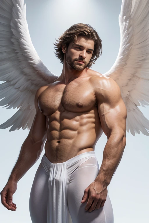 Describir en detalle la figura de un hombre, Archangel with angelic features turned completely to the left. torso denudo, grandes musculos, Como el pelo blanco, largo y liso, Las alas blancas y angelicales en su espalda, as well as its extremely striking beauty, encanto, The elegance and the angelic feeling that emanates from it. Imagine it on a stage with a white background, bathed in a radiant light, and explores how these elements combine to create a captivating, heavenly image.. (Hombre)
