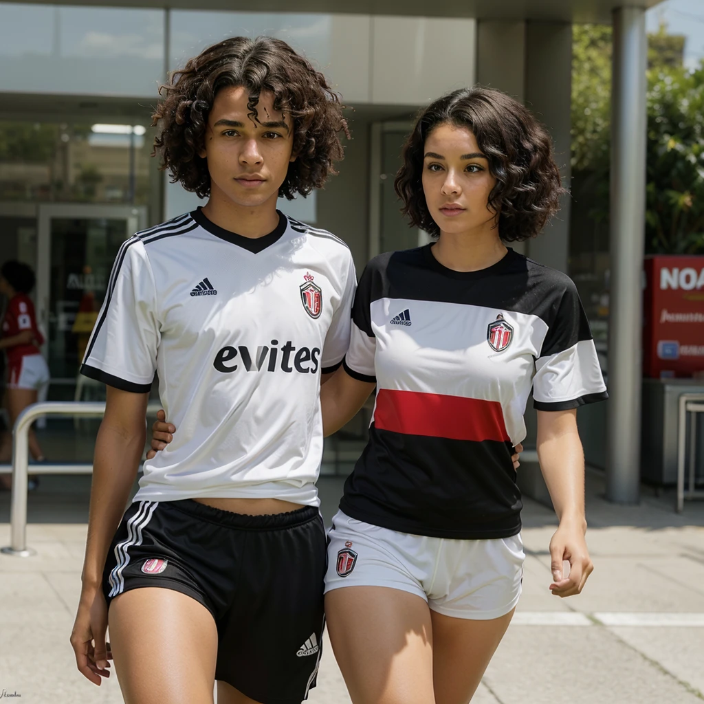 a black woman with curly hair: and with a white man with very short black hair wearing the Milan football team shirt